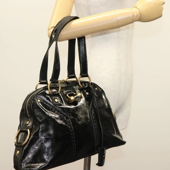 SAINT LAURENT Muse Shoulder Bag Enamel Black Gold Auth sw1147 - Picture 14 of 16